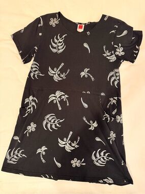 Black Short-Sleeve Palm Print Dress